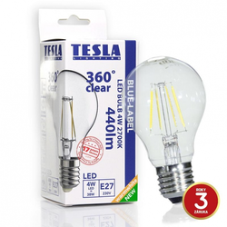 Tesla LED žárovka CRYSTAL RETRO BULB, E27, 4W, 230V, 440lm, 25 000h, 2700K teplá bílá, 360°,čirá