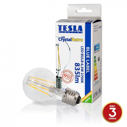 Tesla LED žárovka CRYSTAL RETRO BULB E27, 6,5W, 230V, 835lm, 25 000h, 2700K teplá bílá, 360°,čirá