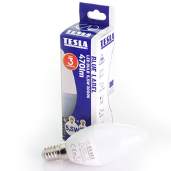 Tesla LED žárovka CANDLE svíčka, E14, 5,5W, 230V, 470lm, 25 000h, 3000K teplá bílá, 180°