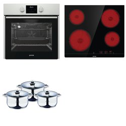 Set vestavný Gorenje trouba B1O735E11XK + varná deska sklo. CT41SC + sada nádobí BL-3160