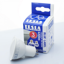 Tesla LED žárovka GU10, 5W, 230V, 410lm, 25 000h, 3000K teplá bílá, 100°