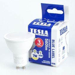 Tesla LED žárovka GU10, 7W, 230V, 560lm, 25 000h, 3000K teplá bílá, 100°