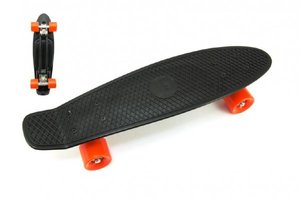 Skateboard - pennyboard 60cm nosnost 90kg, kovové osy, černá barva, oranžová kol