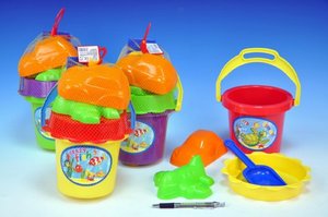 Sada na písek - kbelík, sítko, lopatka, 2 bábovky plast asst 4 barvy v síťce 13x