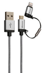 Kabel Verbatim Sync & Charge MicroUSB + Lightning, 1,2m, oplétaný - stříbrný